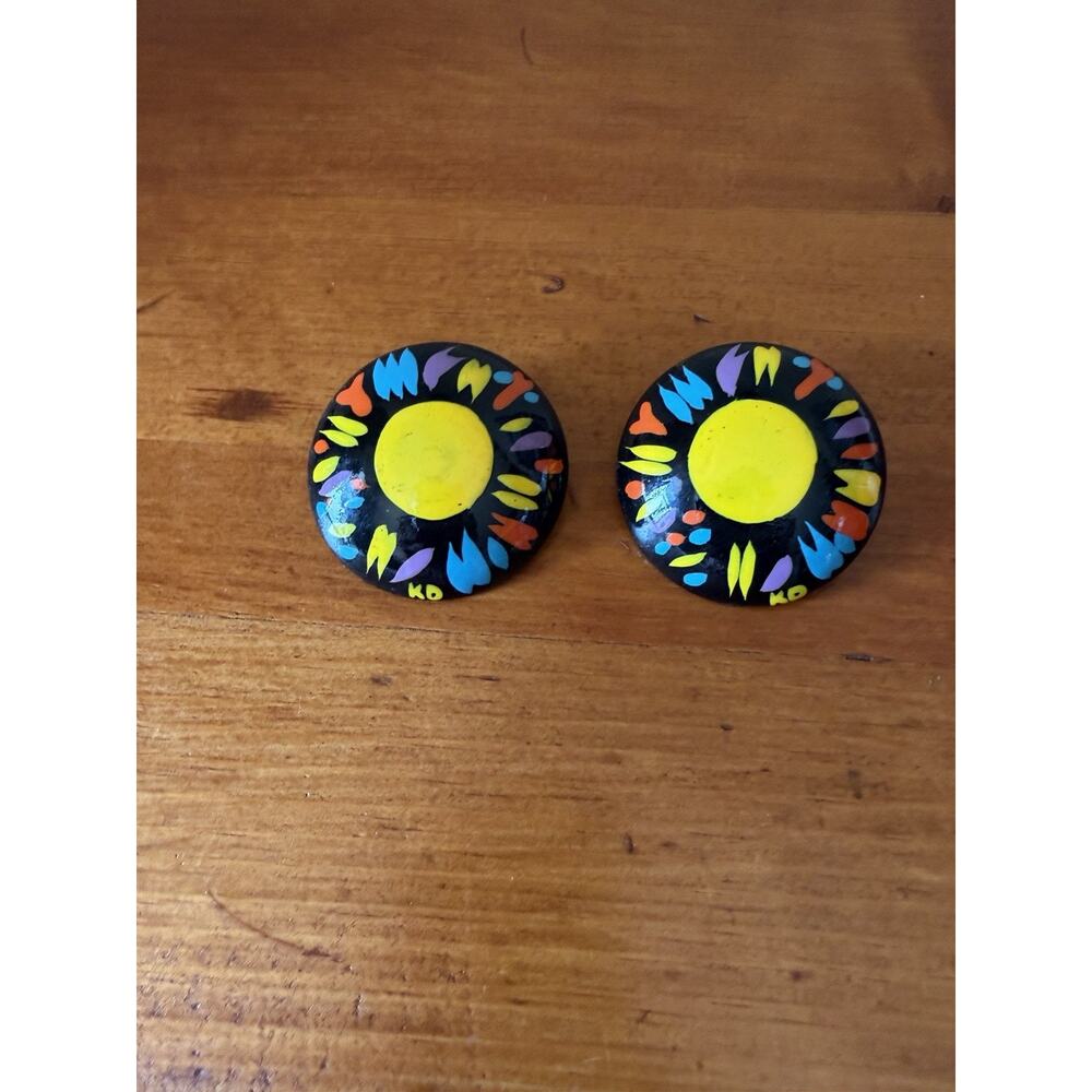 Signed KD Hand Painted Statement Earrings Large Colorful Retro Disc Artistic